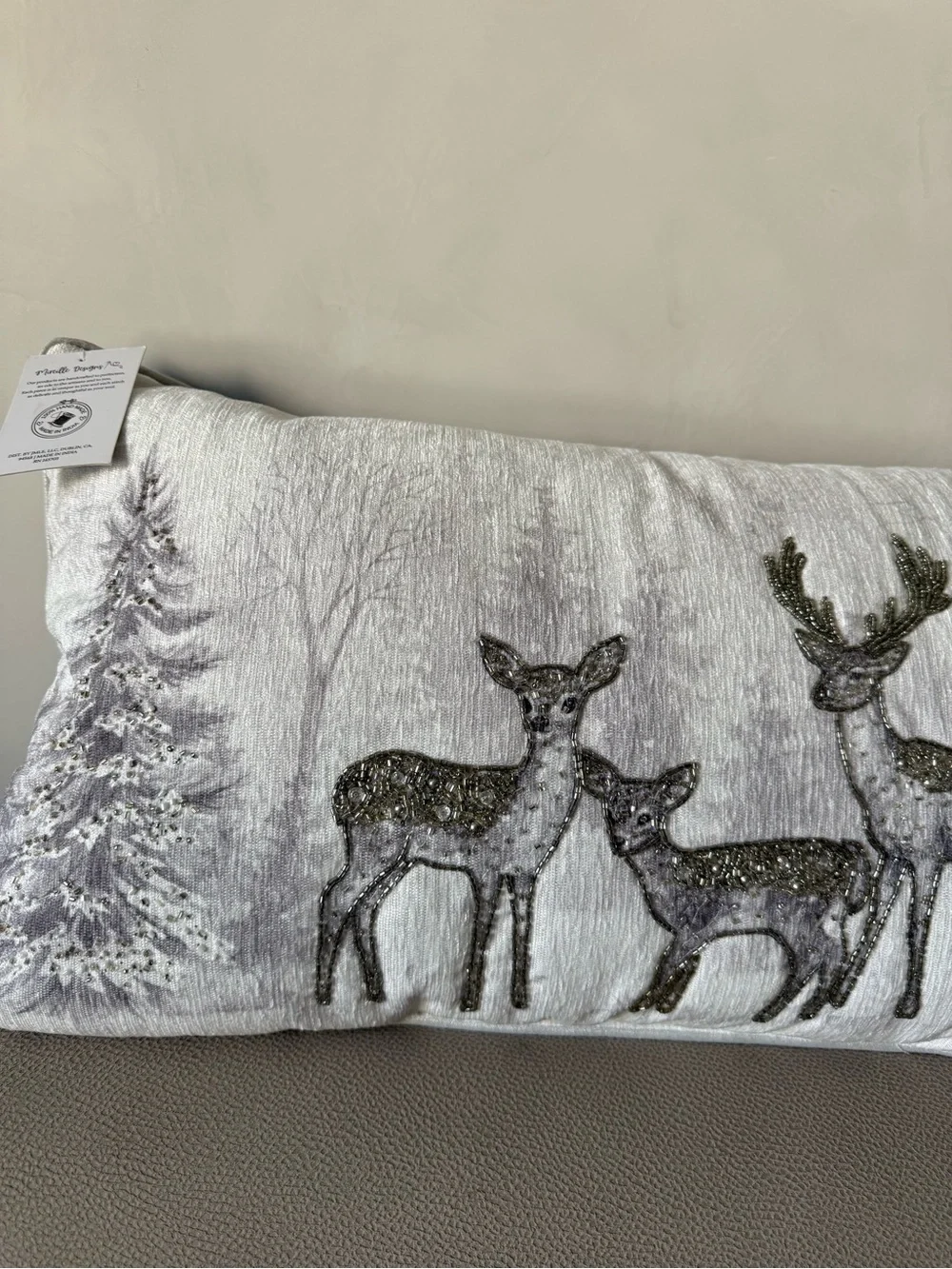 Holiday Deer Decorative Hand made Pillow India- White and Gray